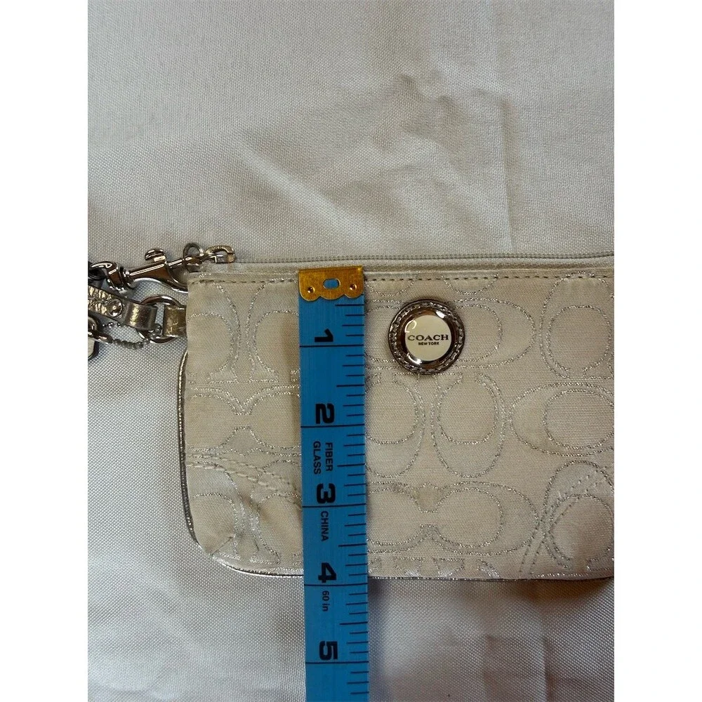 Coach Signature C Wristlet Clutch Cream Khaki Silver Small Zip Pouch Strap